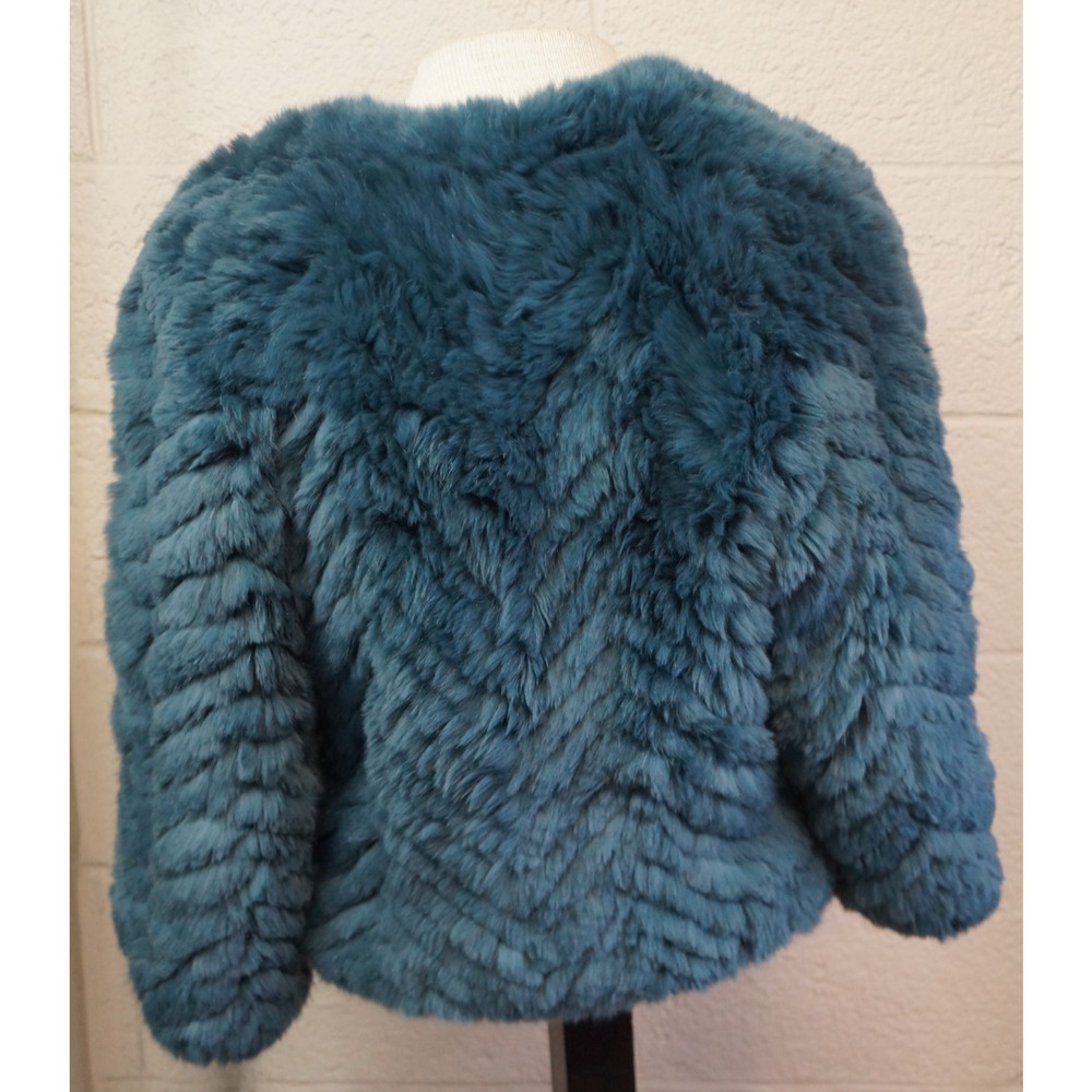 Barneys New York Teal Real Rabbit Fur Jacket Cropped Jagger Luxury Coat Size S - Picture 7 of 15